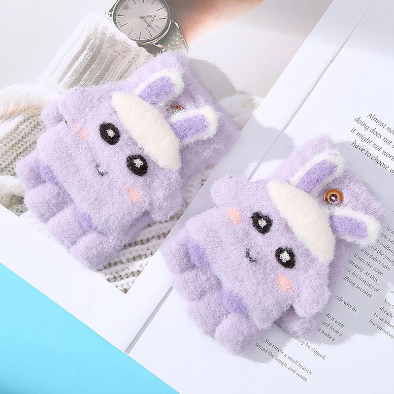 Cartoon Niedliche Kinder Halbfinger Klappbare Warme Handschuhe für Herbst und Winter Kälteschutz und Verdickt Baby Mädchen Schreiben und Fahrradfahren Fünffinger