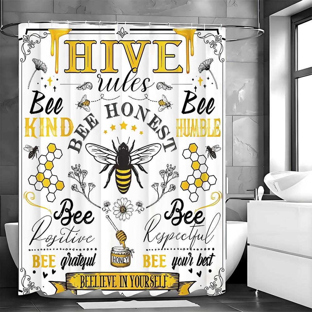 Yellow and Black Bee Quotes Shower Curtain, Vintage Rustic Inspirational Motivational Quotes Vintage Floral Flowers Honeycomb Ba