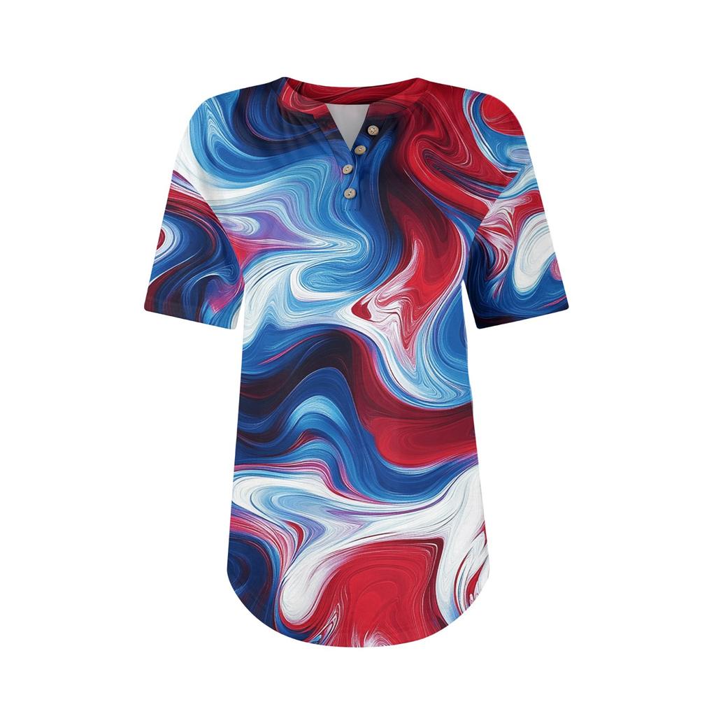 Short Sleeve Womens Tops Summer T-Shirts Print V Neck Casual Basic Tee Button Shirts Tunic Tops Independence Day