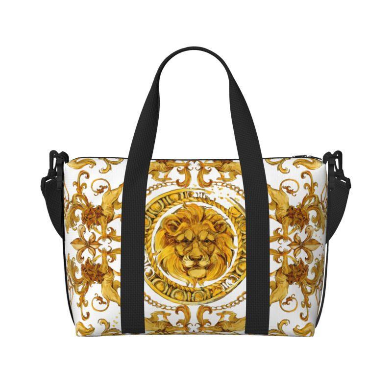 Goldener Löwe Barockmuster Reise-Duffelbag Personalisierte Weekender Übernachtungstaschen mit Schultergurt Unisex Sport-Gymnastiktasche