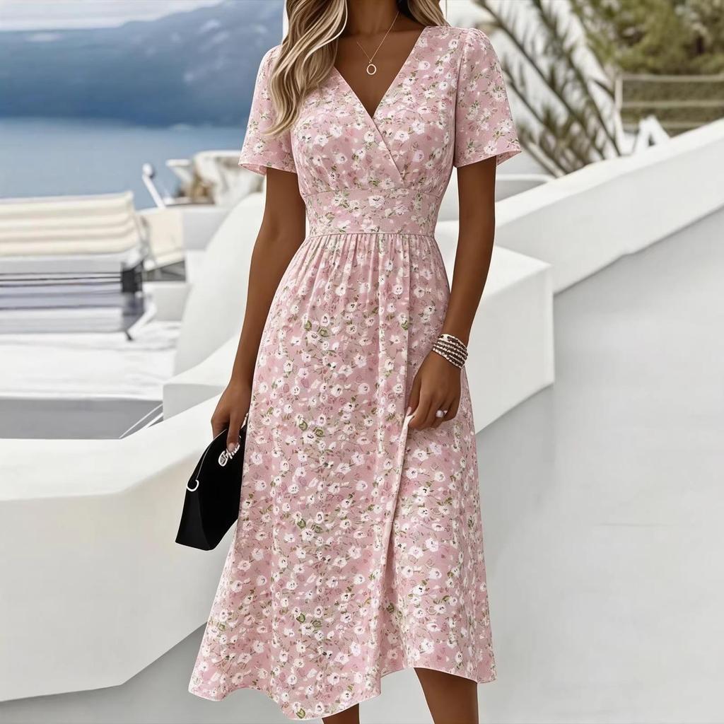 2026 Trendy 3D Printed V-neck Short Sleeve Dress with Slimming Large Hem and Creative Bottom Pattern