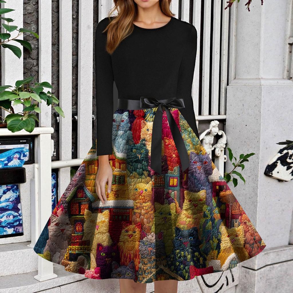 Dame Mote Rund Hals Slim-Fit Juleprint Langermet Kjole