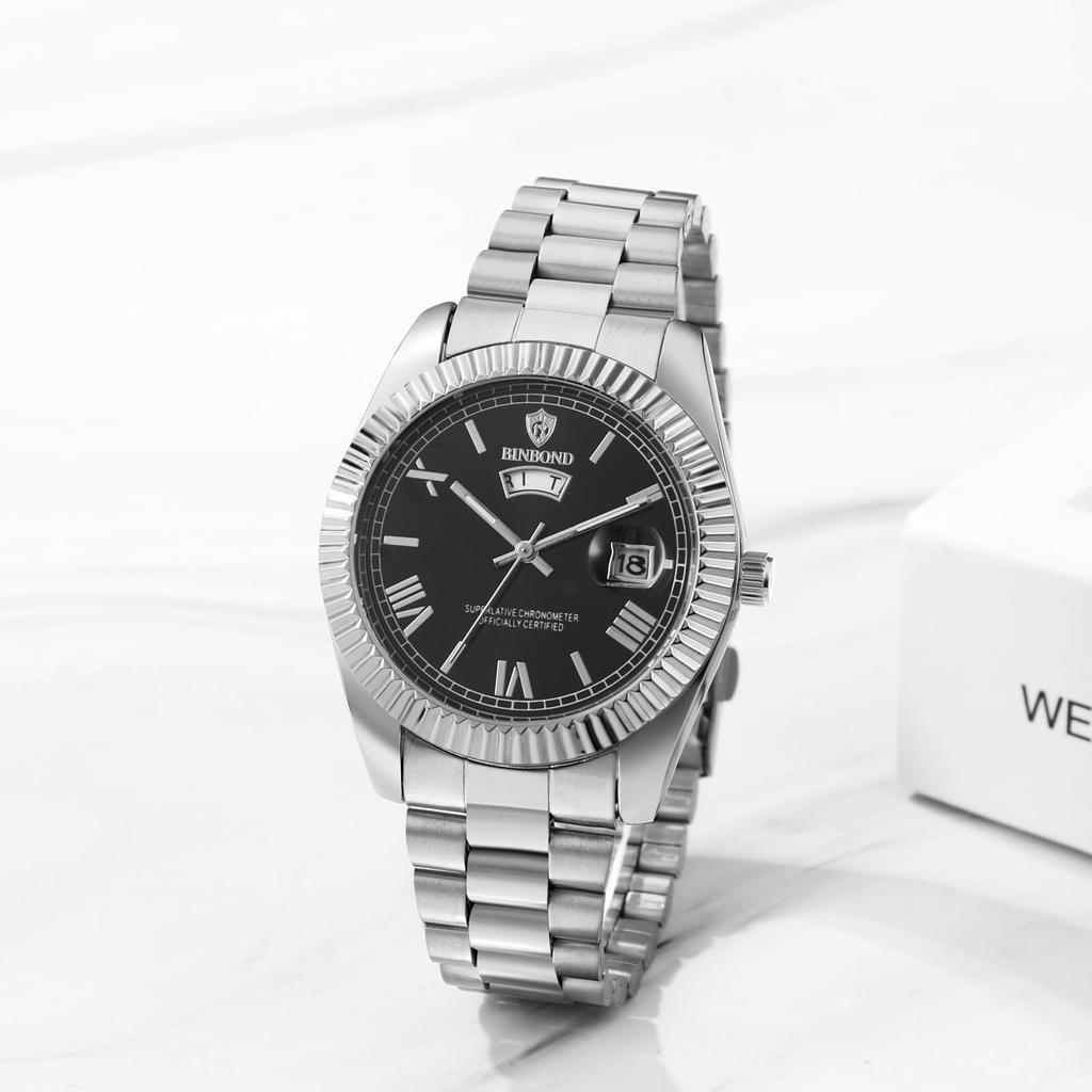 Roman Alphabet Analog Display Luminous Calendar Day of the Week 3ATM Water Resistant Stainless Steel Quartz Leisure Business Stylish Fashion