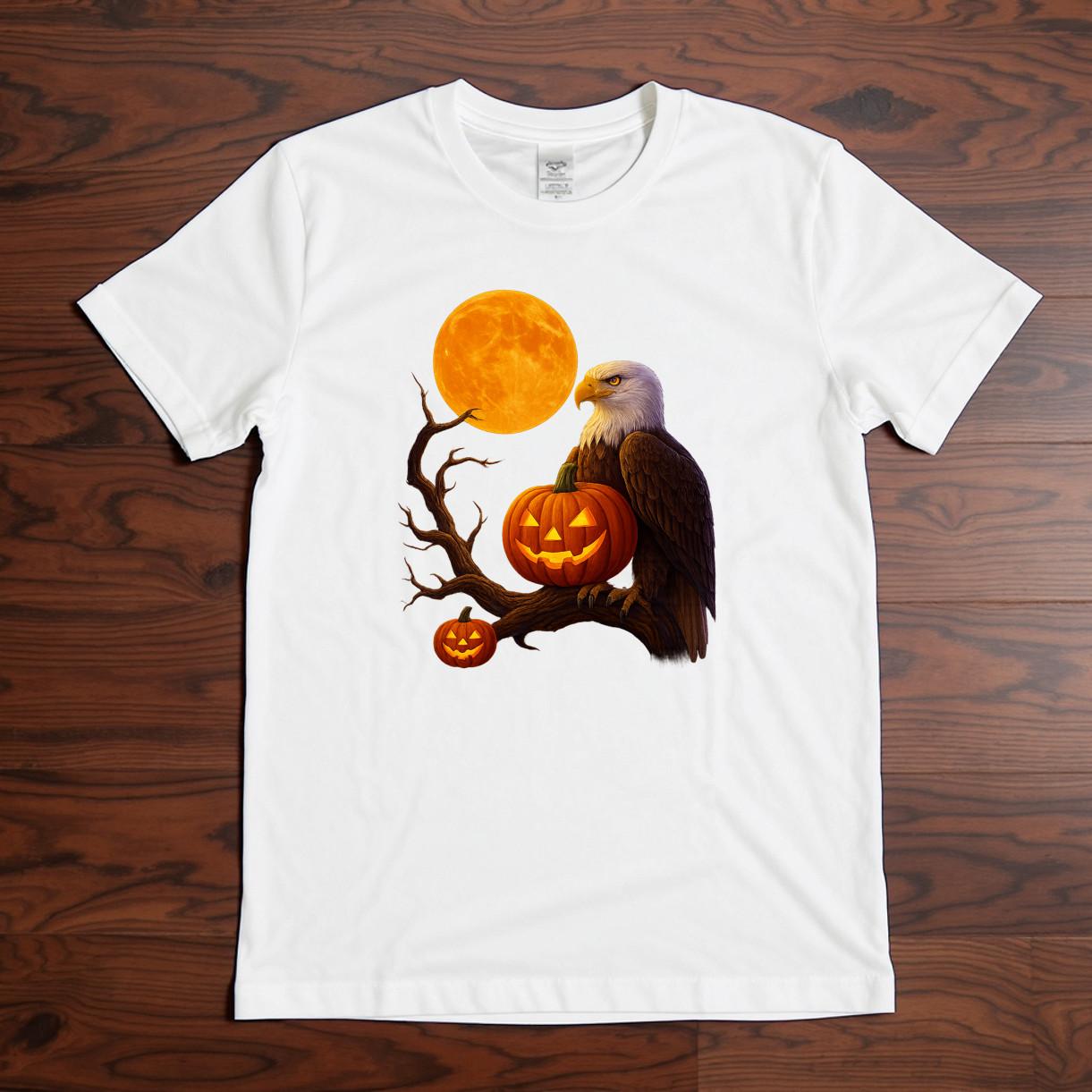 Halloween Eagle Pumpkin Moon T-Shirt Bald Eagle Jack-O-Lantern Graphic Tee S