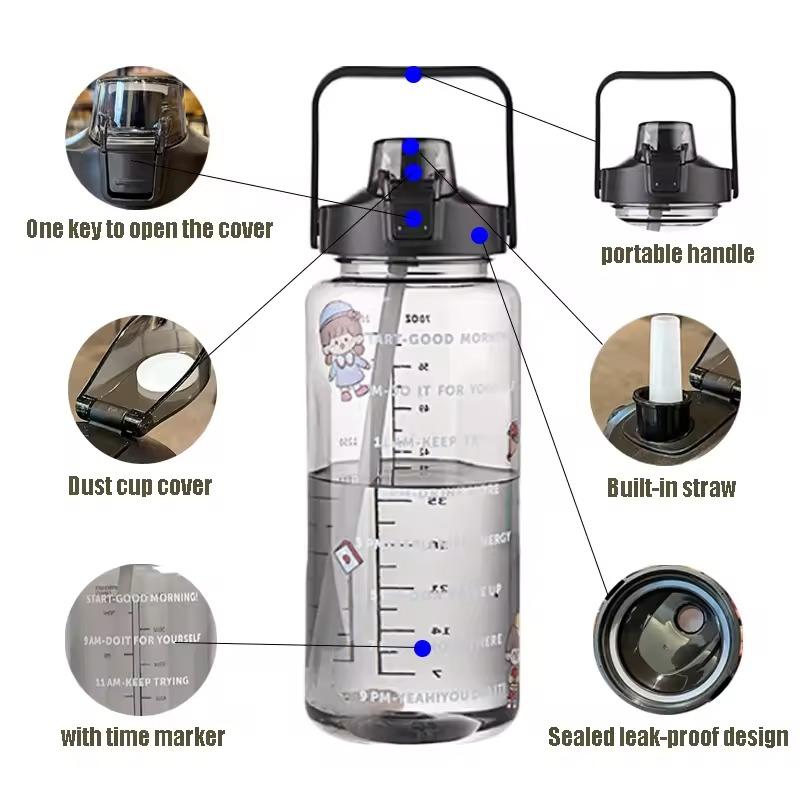 2 Liter Wasserflasche mit Strohhalm Zeitmarkierung Outdoor Reise Sport Trinkflasche für Kinder Mädchen Sommer Plastikbecher Kawaii Thermoskanne
