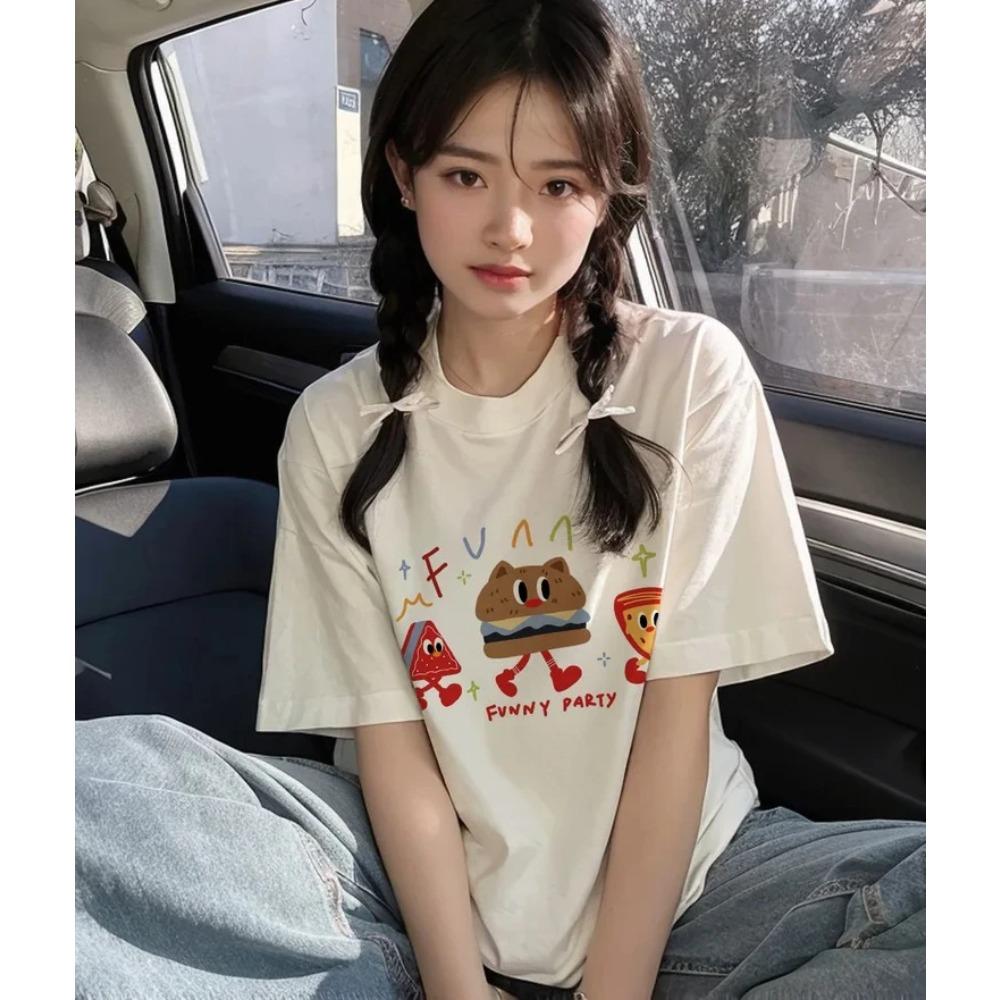 Cartoon Cute Print Tshirt Women Summer 2025 New Short Sleeves Cartoon Style Tee Casual Y2k Top Women Summer Clothing