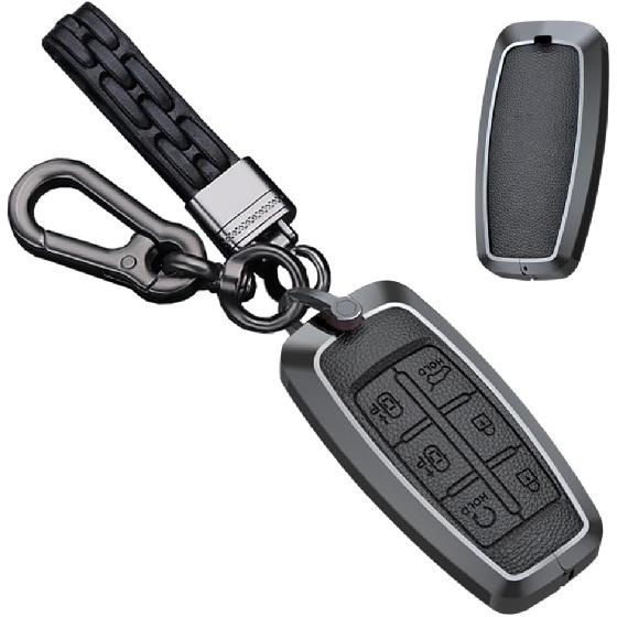 

Leather Key Fob Case Cover fit for Genesis G70 G80 G90 GV70 GV80 GV90 Metal Remote Key Fob 6 Button A Leather-keychain-black
