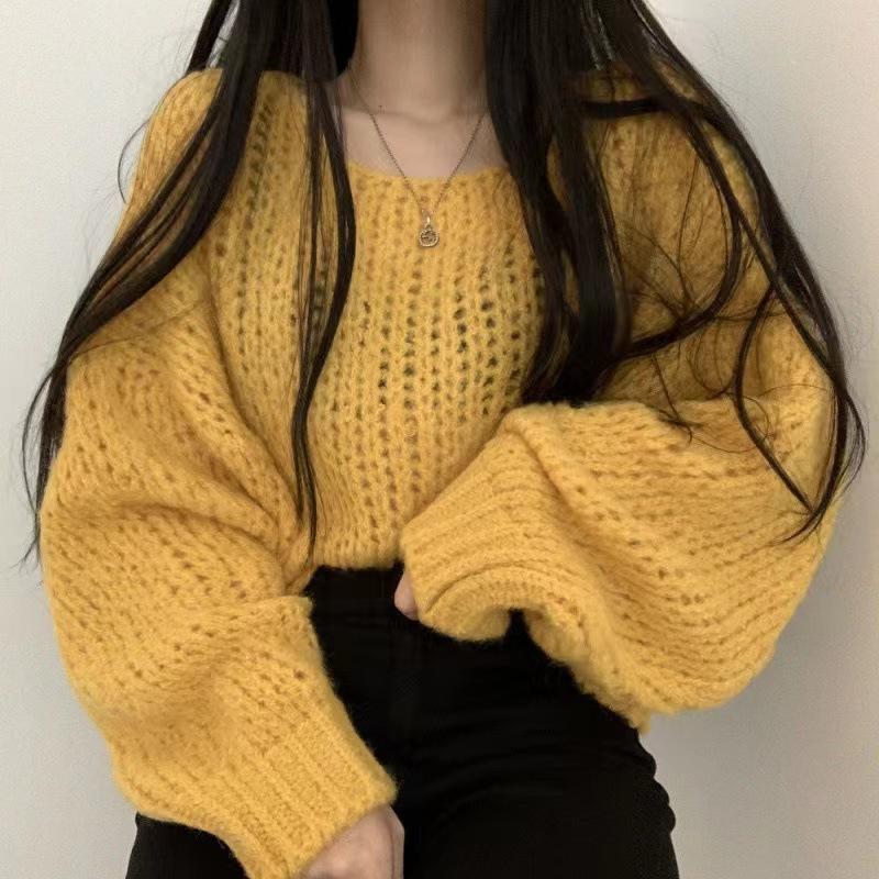 Wind Autumn and Winter Coarse Needle Versatile Knitted Sweater Women's Lazy Wind Round Neck Pullover Loose Lantern Sleeve Sweater Women's Short