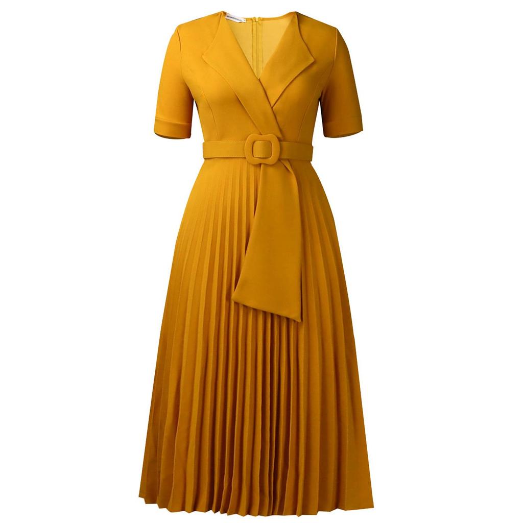 Elegant V-neck Pleated Plus Size Short Sleeve Dress