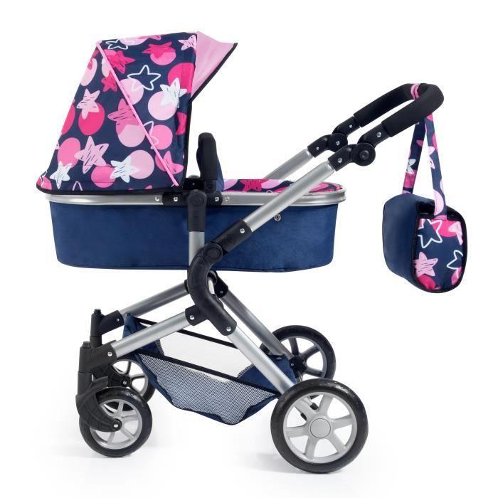 Landau pour poupée neo star bayer design - bleu et étoiles roses - convertible en poussette