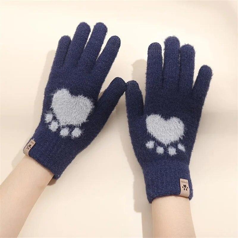 Fashion Cat Paw Printing Gloves Mobile Phone Touchscreen Knitted Gloves Winter Thick & Warm Adult Soft Fluffy Gloves Men's Women