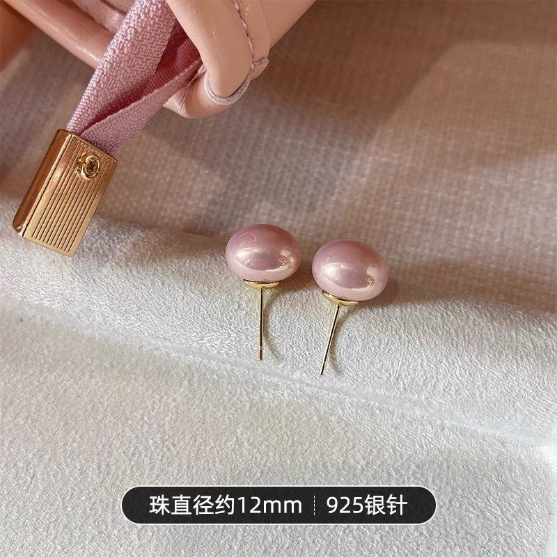 Cherry blossom powder steamed bread pearl stud earrings temperament advanced sense silver bread beads earrings temperament versatile earrings