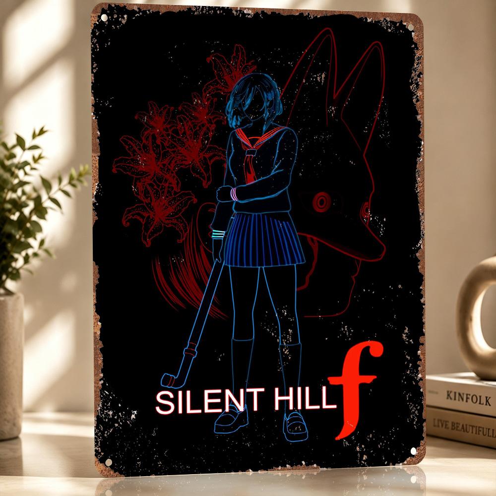 Silent Hill F Neon Illustration D Printed Texture Poster Personalized Wall Art Retro Metal Tin Signs for Gaming Room Decoration