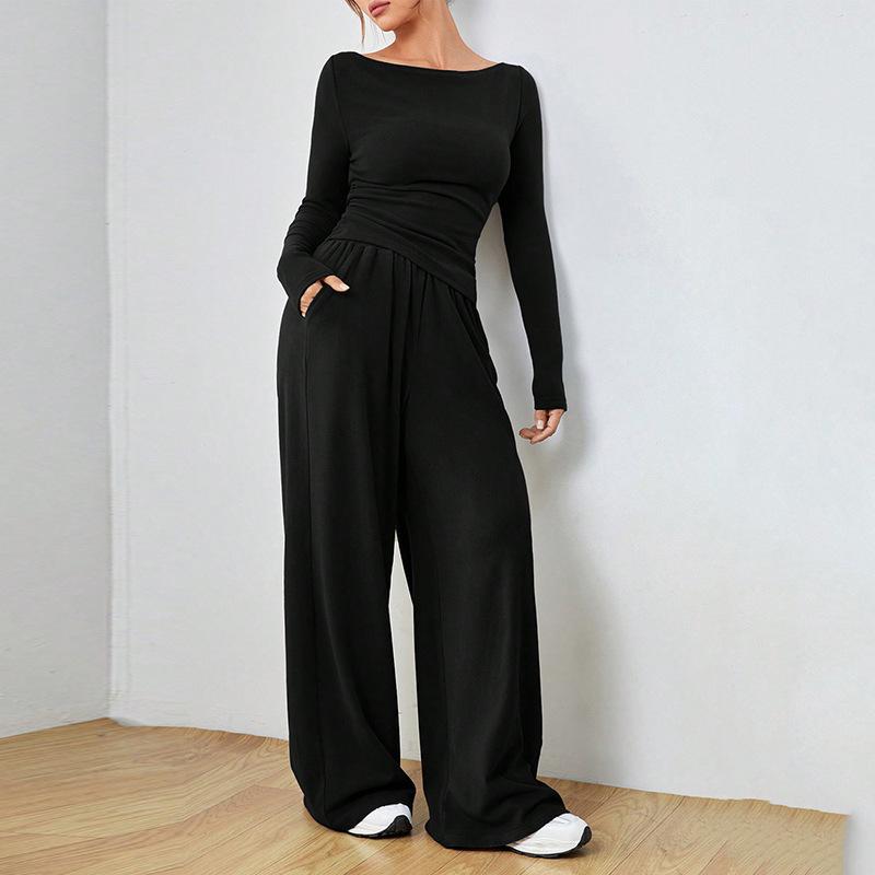 Women's Navy Blue One-Shoulder Long Sleeve Wide Leg Jumpsuit