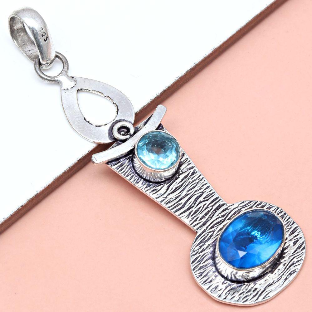 Pendant Swiss Blue Quartz Gemstone Gift For Her Silver Jewelry 3"