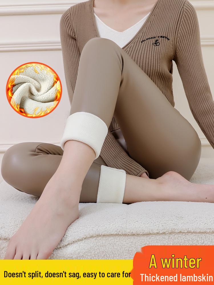 Women's High-Waist Lambswool Fleece-Lined Leather Pants: Slimming, Windproof, Warm Leggings