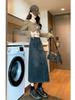 Spring & Autumn High-Waisted A-Line Denim Skirt for Petite Women - Mid-Length with Hip-Hugging Slit