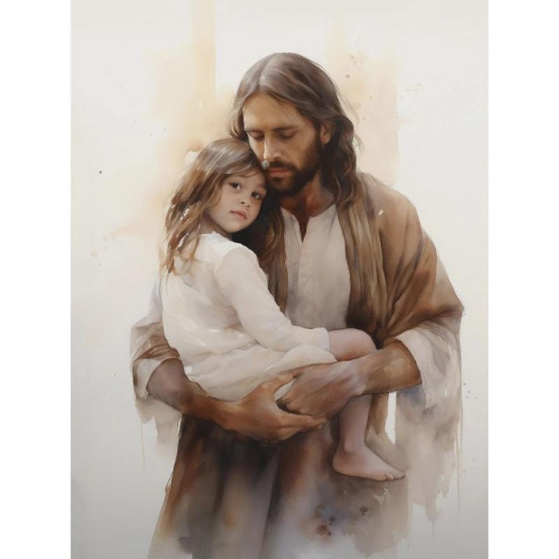Jesus og Barn Kristus med Gutt Jesus Portrett Kristus Barnehage Akvareller Plakat Lerret Maleri Veggbilder Hjemmeinnredning