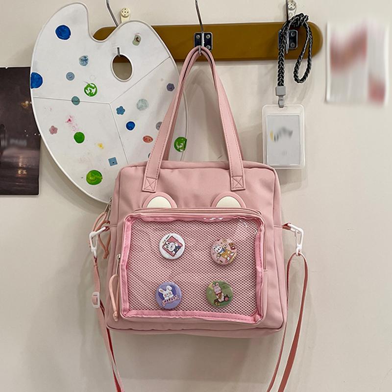 Vielseitige transparente Umhängetasche im japanischen Stil, große Kapazität, Canvas-Umhängetasche, Studententasche, Umhängetasche mit niedlichem Bären im Anime-Stil