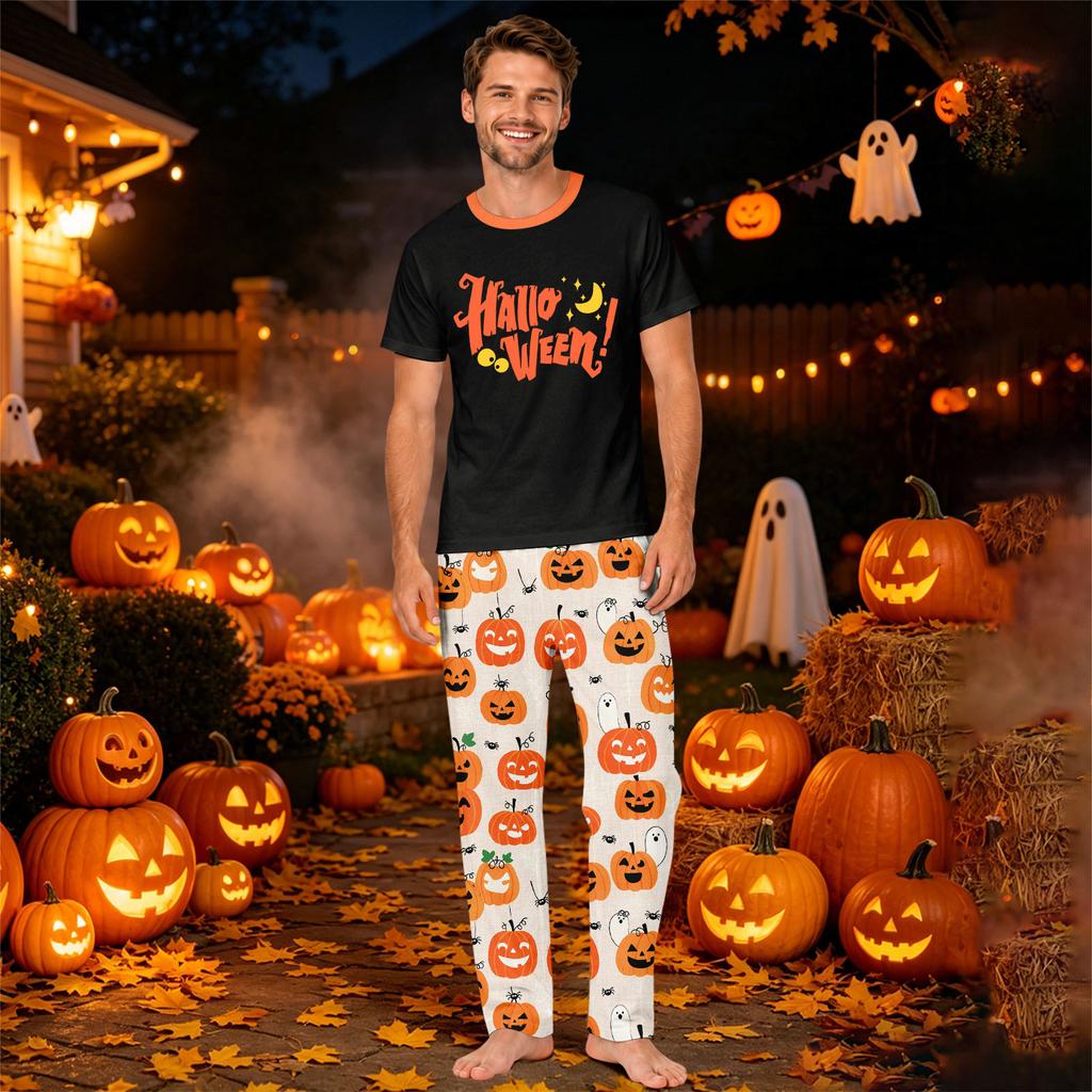 Family Matching Halloween Printed Pajama Set Short Sleeve Top and Pants for Mom and Kids