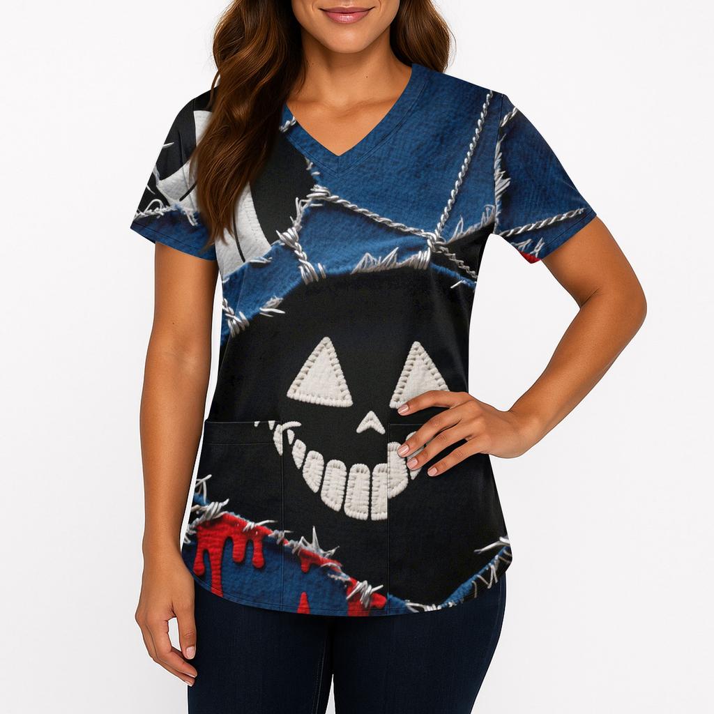 Women's Printing Uniform Work Uniform V-neck Pockets Basic Short Sleeve Pullover Top