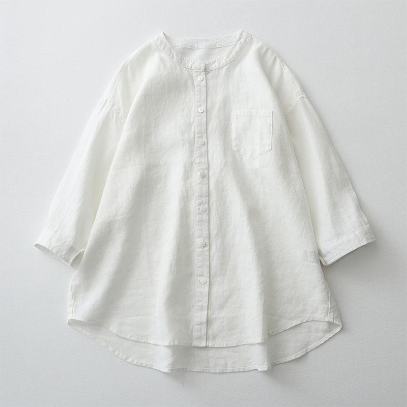 Linneskjorta med sjuärmar och krage för dam Vår och sommar Ny koreansk stil Mode Enkel Lös Elegant Casual Öppen Foder