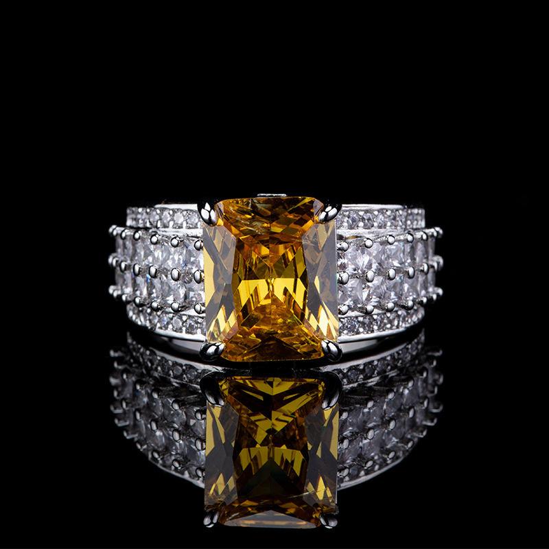 Yellow Zircon Ice Flower Cut High Carbon Diamond Square Ring Light Luxury High-End Design Temperament Ring