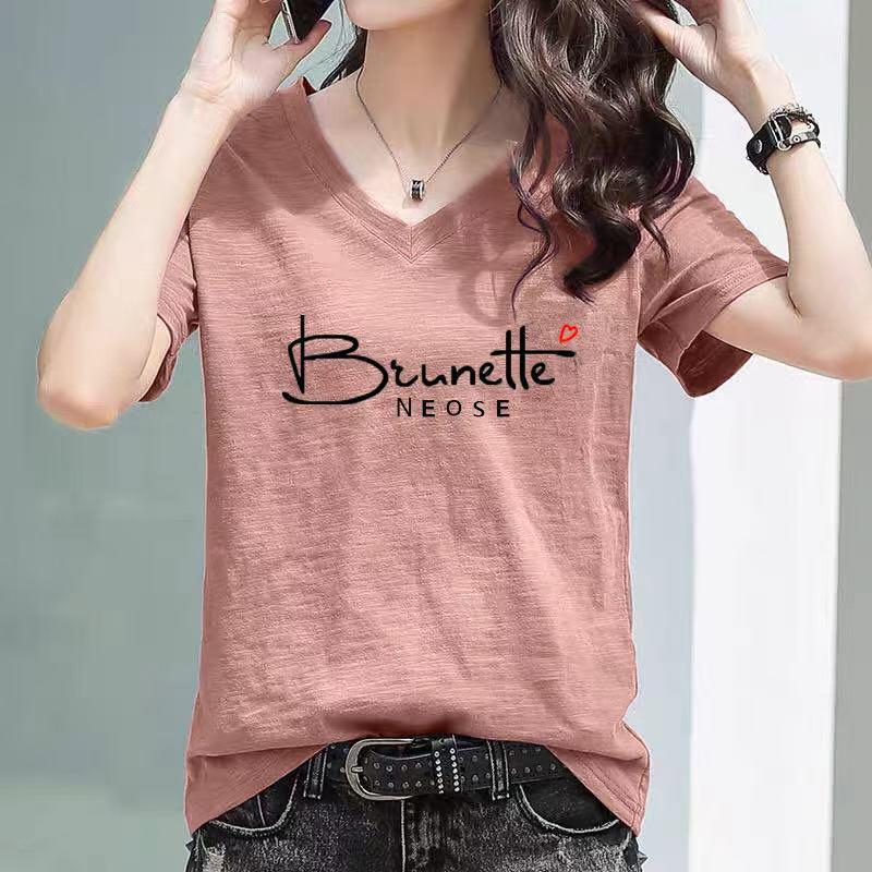 Women's Korean Style Loose Bamboo Cotton V-Neck Printed Half-Sleeve T-Shirt