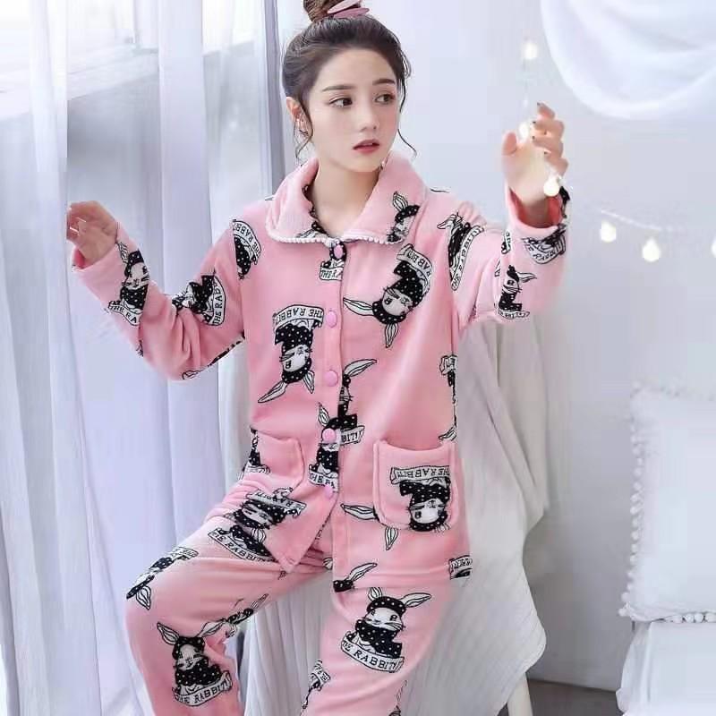 Women's Coral Fleece Pajamas: Warm, Thick Cardigan Lapel Homewear Set for Autumn and Winter