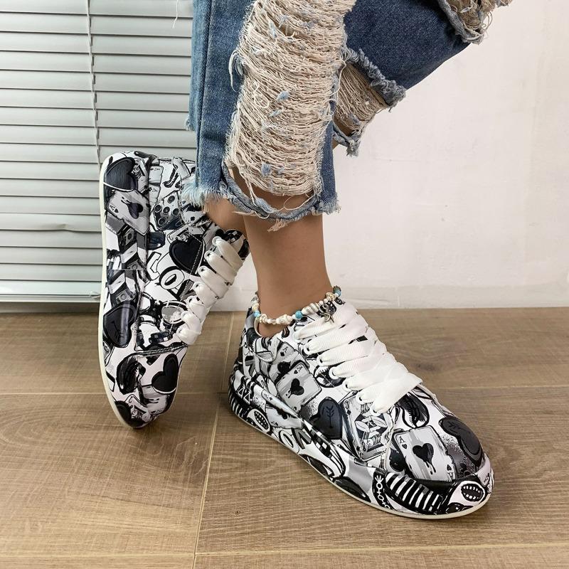Women's Casual Sneakers Painted Graffiti Lace Up Shoes for Women Flats Pu Thick Bottom Female Sneakers Zapatos De Mujer Ofertas