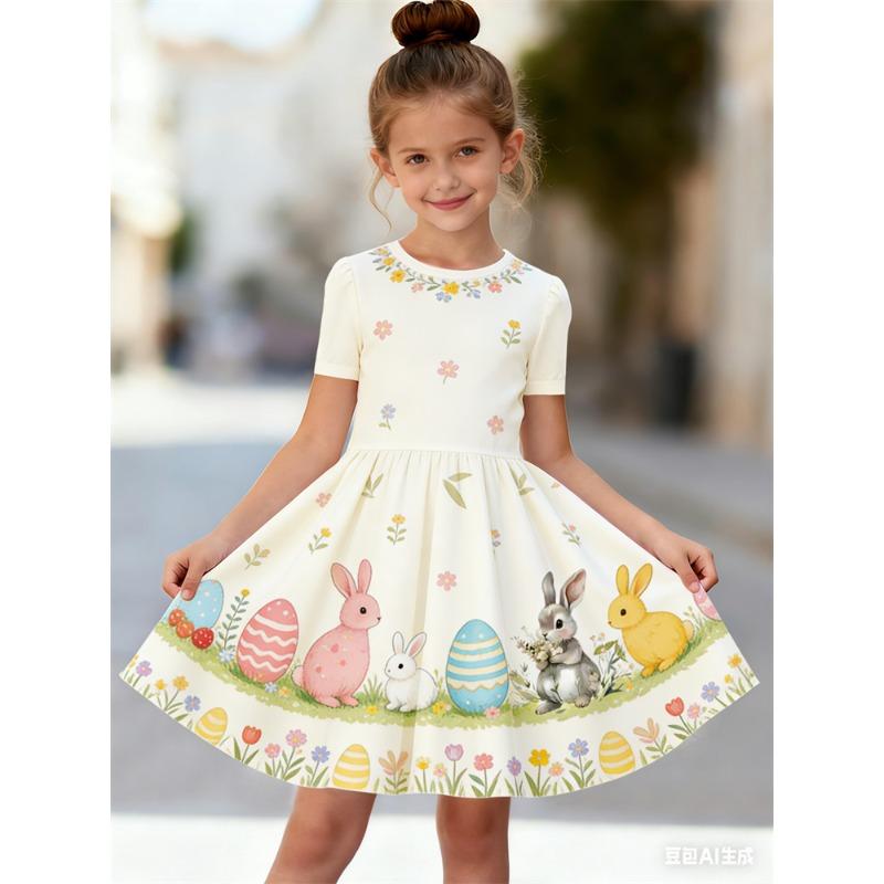 Girls' 3D Rabbit Print Summer Short Sleeve Dress | Crew Neck, A-Line Skirt, Perfect for Beach Outings and Casual Wear