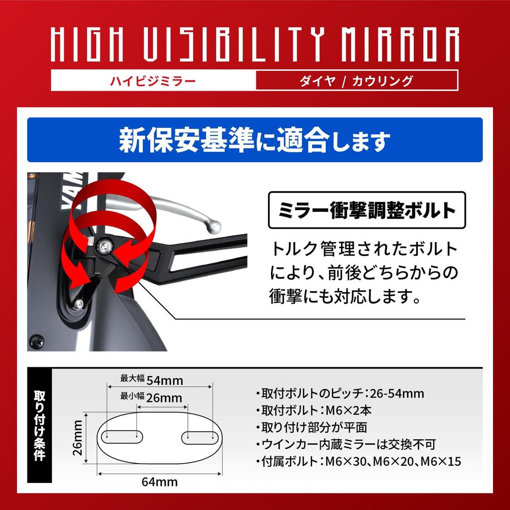 Daytona Motorcycle Cowl 6mm Wide New Safety Standards High Visibility One Mirror per 16947 Mirror, Bolt, Lightweight, Angle, Compliant, Mirror,