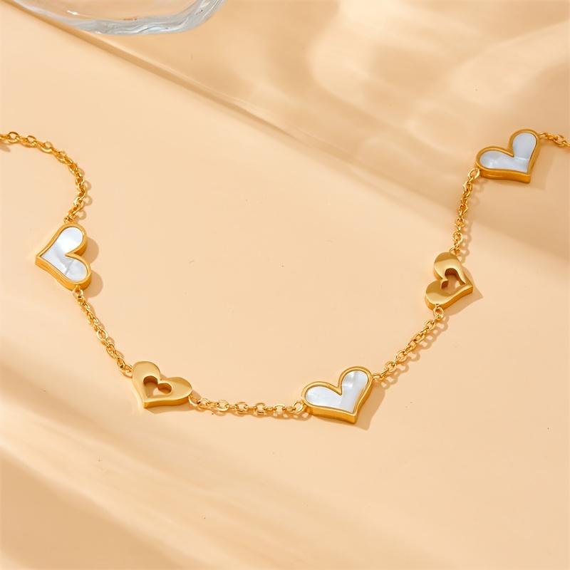 Gold Tone White Shell Heart Charm Bracelet – Dainty Stainless Steel Romantic Jewelry for Women, Adjustable Love Gift