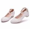 Large Size 3cm Low Heel Round Toe Single Shoe Luxury Brand Lace Pearl Design Women Dress Shoes Spring Autumn White Wedding Shoes