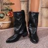 Fashion Retro Pointed Toe Mid Heel Fashion Boots for Women Autumn 2025 New British Style Mid-Calf Boots PU Leather Slip On Botas Mujer