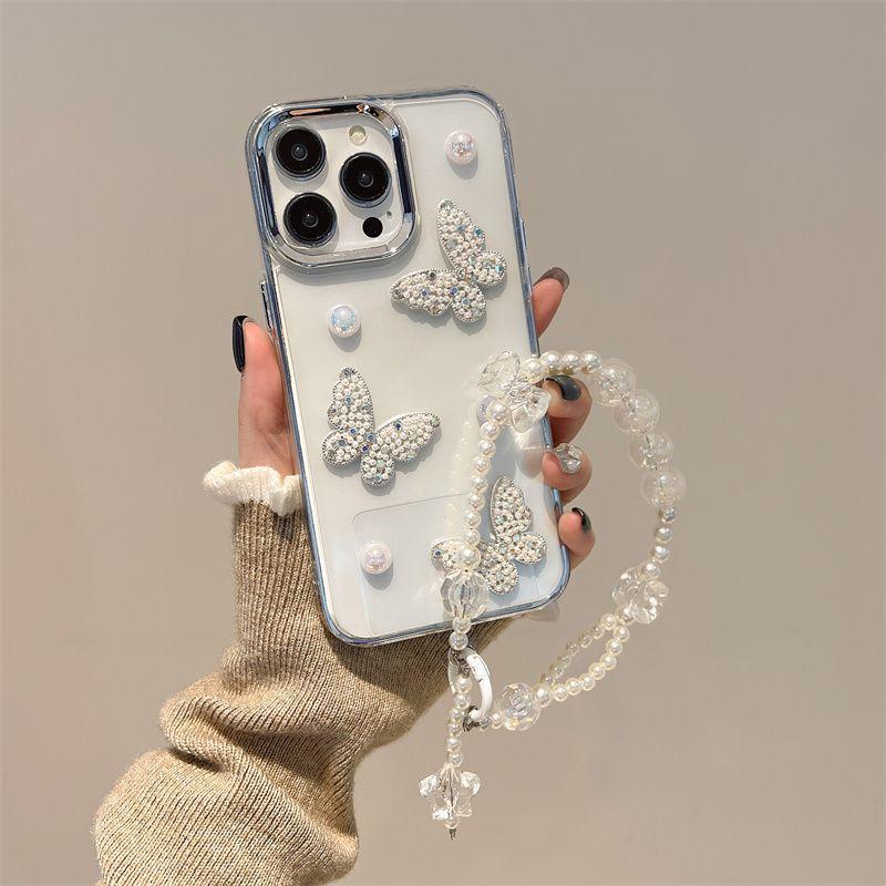 Applicable To Apple 15 Mobile Phone Case Three-dimensional Pearl Butterfly 17promax Transparent 13 Niche Luxury Women's 12 Soft Case