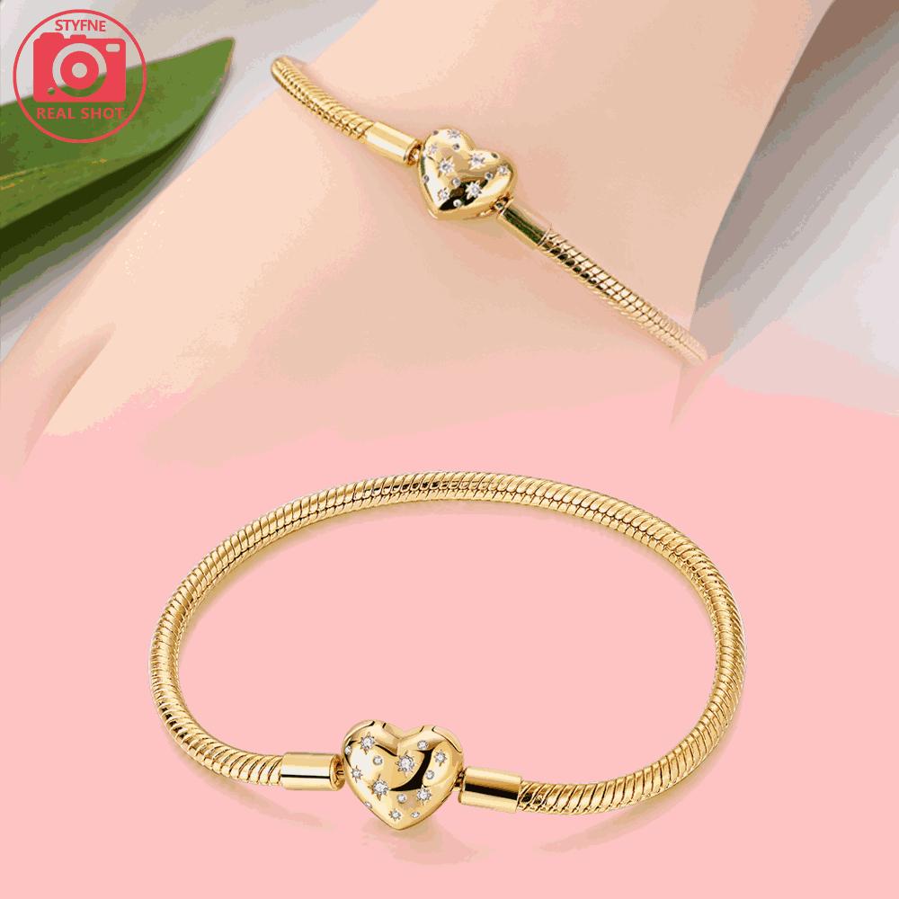 

% Copper Fine Unique Authentic Golden Shining Heart Lovely Snake Chain Charming Bracelet Fien Jewellery For Women 17cm