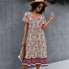 Women Dress Short Sleeve High Waist Spring Summer Bohemian Print V Neck S-XL