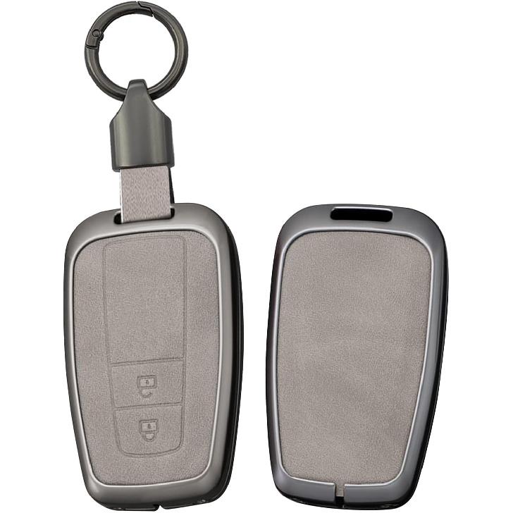 SANRILY Metal Leather 3 Button Key Fob Cover Case Fit for Toyota C-HR Prius Corolla Highlander Camry RAV4 Avalon Keyless Key Holder with Short