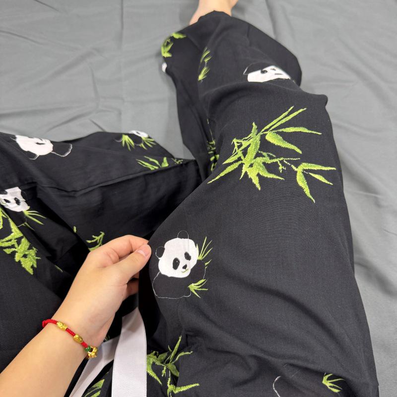 Damen-Blumen-Baumwoll-Seiden-Pyjama - Große Größen, Sommer, Leicht, Für draußen, Gerades Bein, Lockerer Schnitt