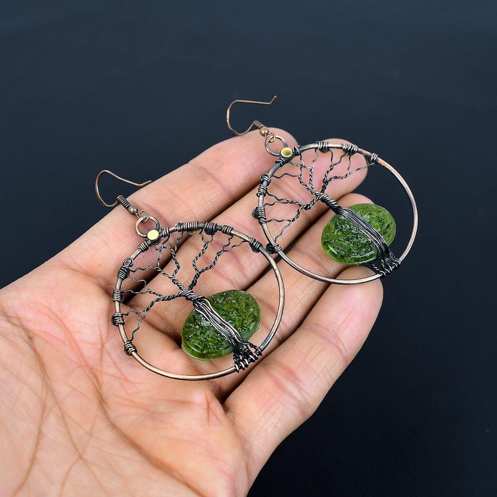 Moldavite Earrings, 999 Copper Wire Wrapped Gemstone Jewelry, Handmade  Earrings For Mother Day