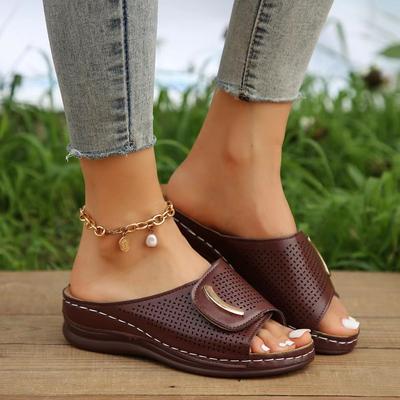 Large Size Thick Soled Hollowed Out One Line Slippers for Women with Open Toe Stitching, Sloping Heels, and Beach Sandals
