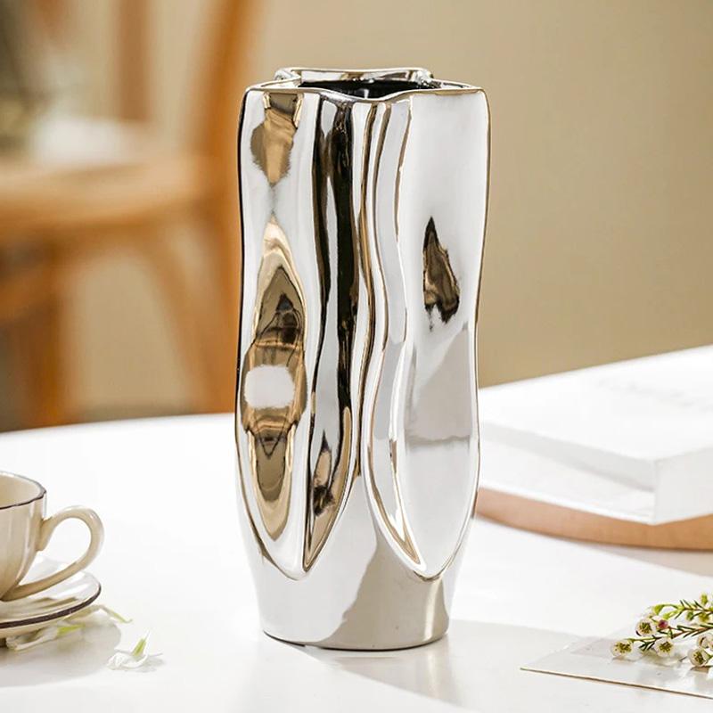 1ks Keramická interiérová umělecká dekorace Váza Luxusní galvanizovaná stříbrná Kreativní aranžování květin Hydroponická Nepravidelný porcelán
