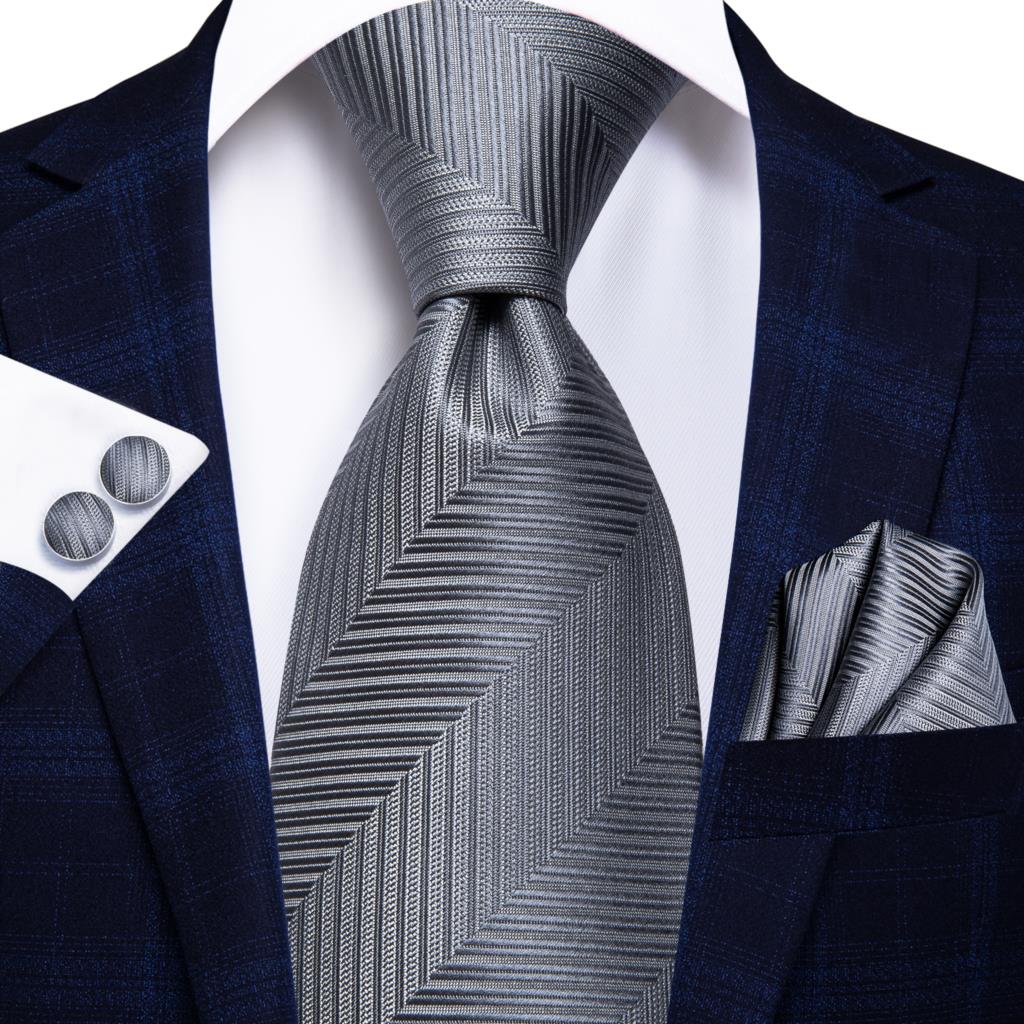 Hi-Tie Navy Blue Striped Silk Wedding Tie For Men Fashion Design Gift Men Necktie Hanky Cufflink Set Business Party Dropshiping