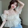 Women Short Puff Sleeve T-shirt Chiffon Short Puff Sleeves Breathable Apricot Sweet Square Neck Top