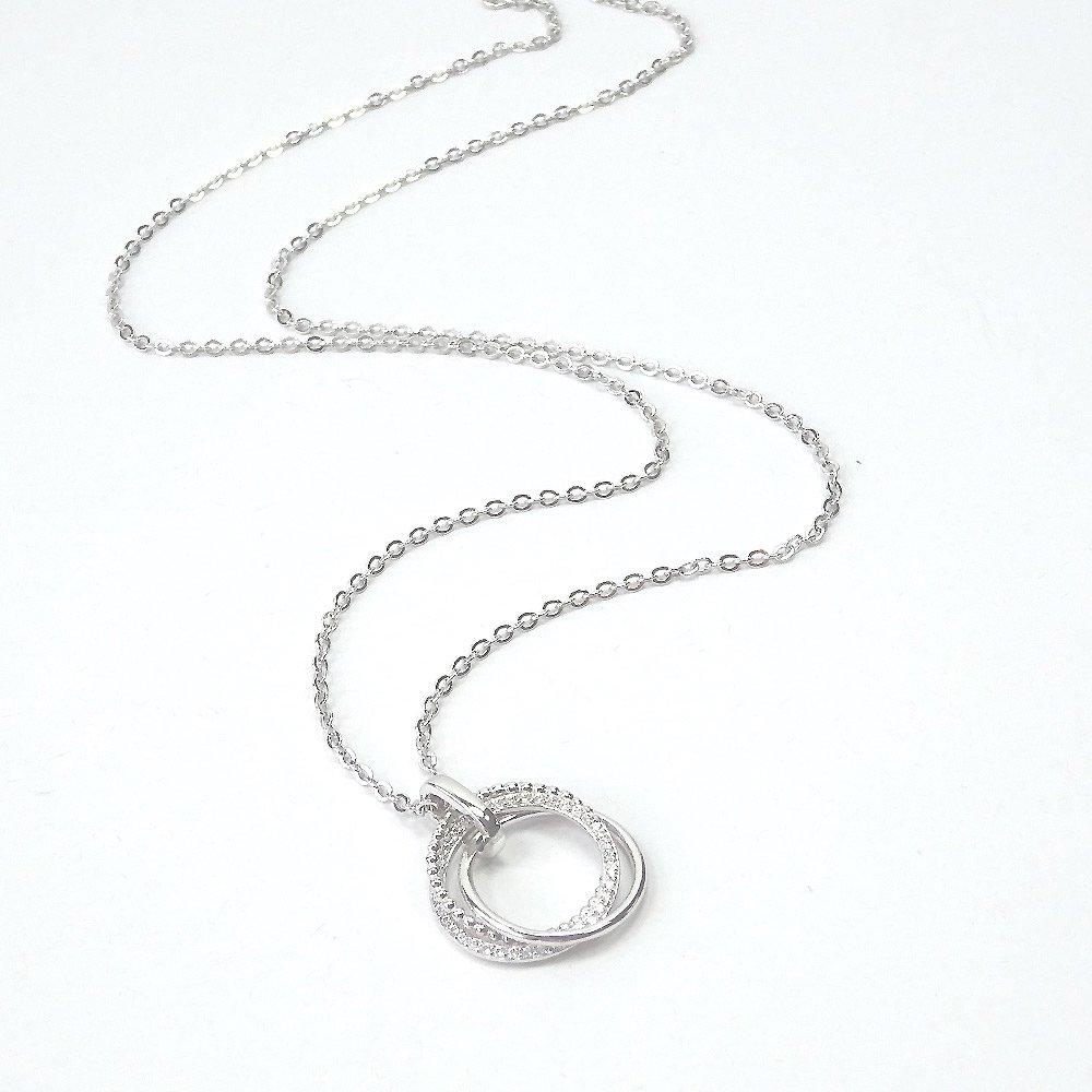 [Your and My Jewelry Box] WG-type Sterling Silver 925 Circle Motif Cubic Zirconia Diamond Triple Strand Necklace [Gift Wrapped] (Silver)