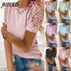 Women's Fashion Casual Solid Color Print Short Sleeve O Neck Blouses & Shirts