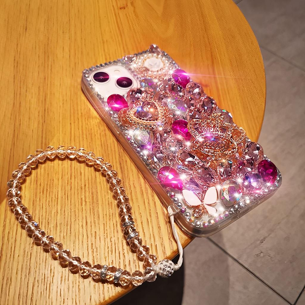 Glitter Strass Mobilskal För iPhone 17 16 15 14 13 12 11 Pro Max Air mini 16e 8 7 Plus X XS XR, Bling Kristall Krona Fjäril Pärla Blomma Design
