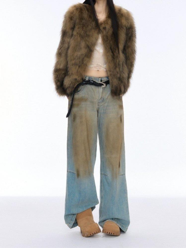 Damen Y2K Retro Weitbeinige Abgewetzte Jeans in Schmutzigem Waschblau