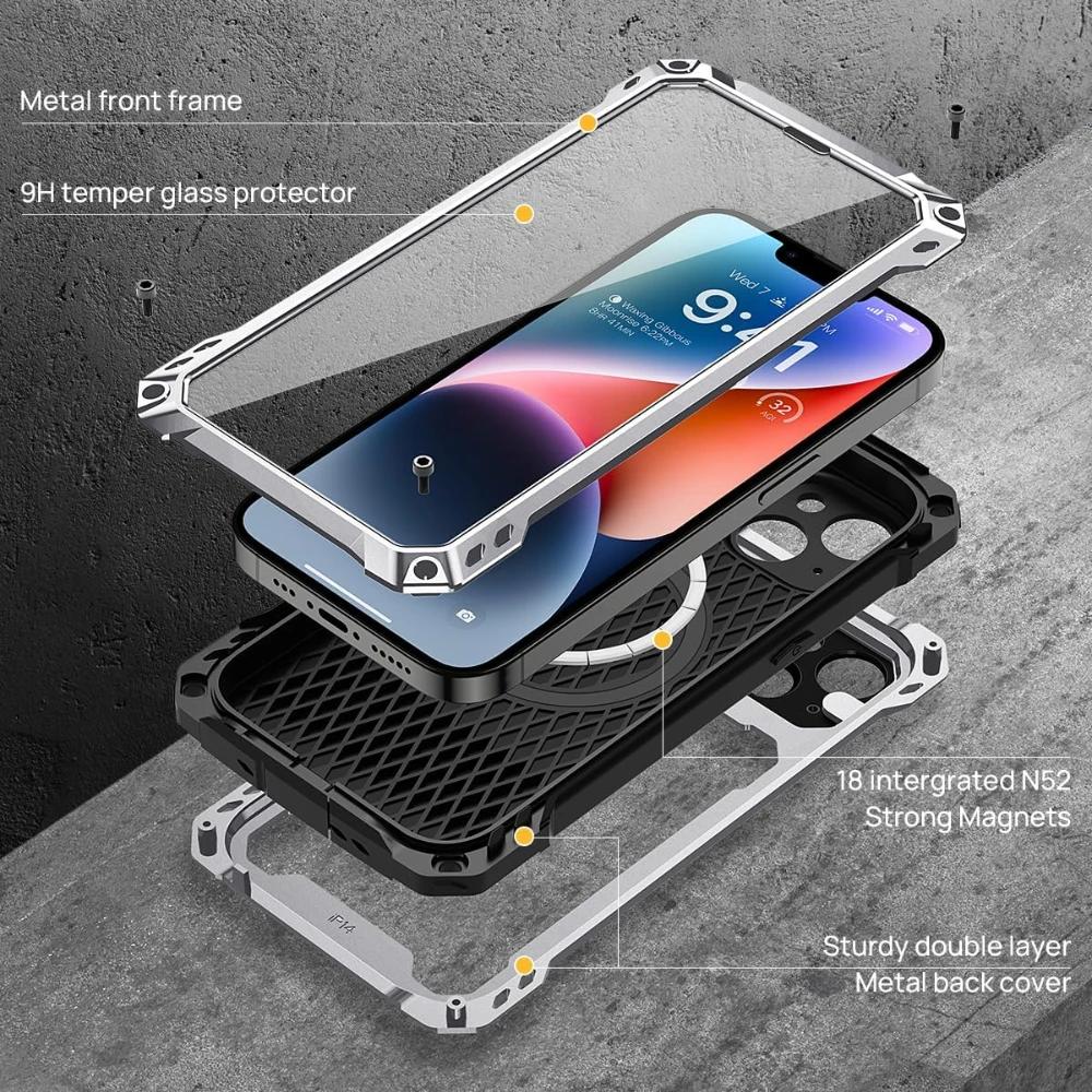 For IPhone 14 Pro Max 15 16 Plus Aluminum Metal Armor Magnetic Phone Case Lens Stand Screen Protect Heavy Duty Shockproof Cover